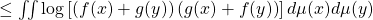 \leq \iint \log \left[ \left(f(x) + g(y) \right) \left( g(x) + f(y) \right) \right] d\mu(x)d\mu(y)