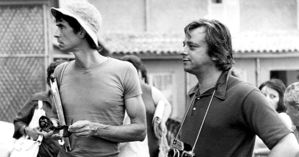 Anthony Perkins, left, and Stephen Sondheim on the set of <em>The Last of Sheila</em>, 1973
