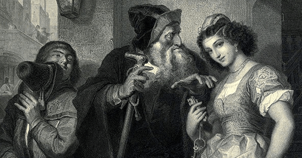 Launcelot, Shylock, and Jessica, in a 19th-century engraving by Heinrich Hofmann (Shakespeare Scenes and Characters: A Series of Illustrations, 1876)