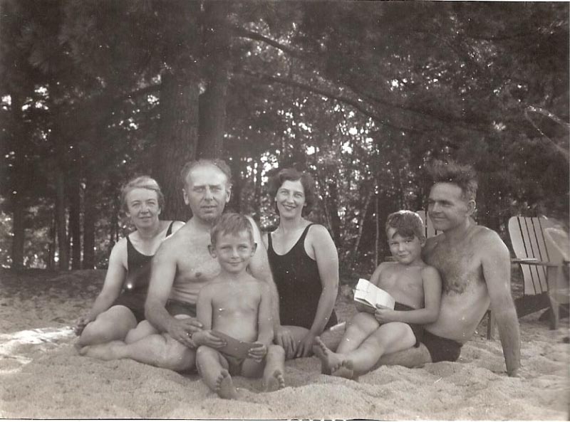 (l. to r.: Annah Tucker, my father, I, my mother, George Cleve (from Vienna, future conductor), Reverend Francis S. Tucker -- Summer, 1940, Ossippee Lake