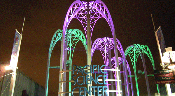 Seattle's Pacific Science Center at night (Photo by Joe Mabel)