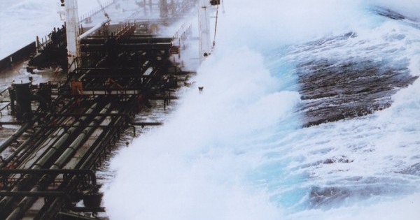A 60-foot rogue wave struck the tanker Overseas Chicago in the Gulf of Alaska in 1993. (NOAA)