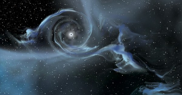 In this drawing, a large black hole pulls gas away from a nearby star. (NASA E/PO, Sonoma State University, Aurore Simonnet)
