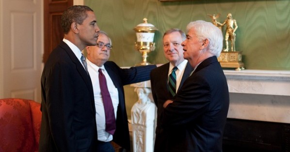 President Obama meets with Rep. Barney Frank, (D-Mass), Sen. Dick Durbin, (D-Ill), and Sen. Chris Dodd, (D-Conn), June 17, 2009. (White House Photo/Pete Souza)