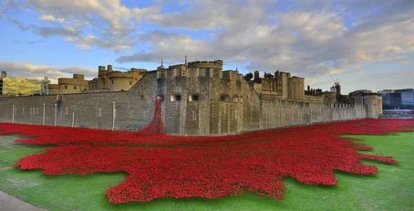 Ceramic poppies, one for each fallen soldier in the Great War, surround the Tower of London. (Martin Pettitt)
