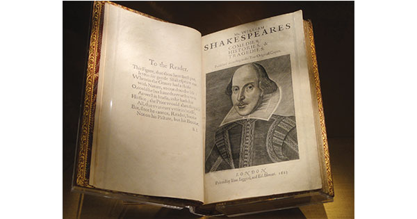 One of the 82 First Folios, published in 1623 by two members of Shakespeare’s acting company, collected by the Folgers.