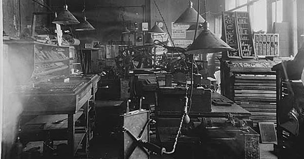 Newspaper production office, interior, Auburn, WA, ca. 1920