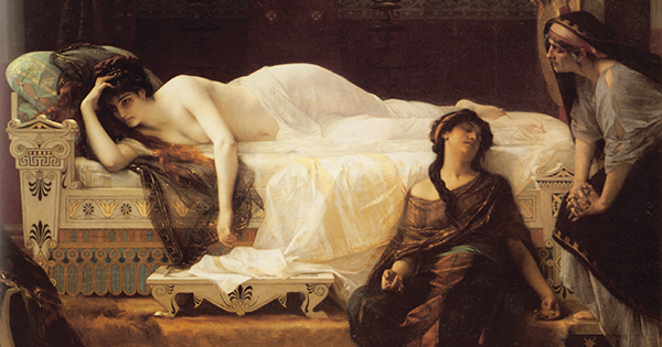 Inspired by Euripides, Alexandre Cabanel depicted a sorrowful and vulnerable Phaedra languishing on her bed with two ladies in waiting. (Alexandre Cabanel, Phèdre, 1880)