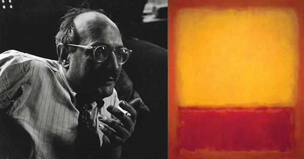 Left, Mark Rothko, Yorktown Heights, ca. 1949. (Consuelo Kanaga/Brooklyn Museum); right: Mark Rothko’s Yellow over Purple, 1956 (Yale University Press)
