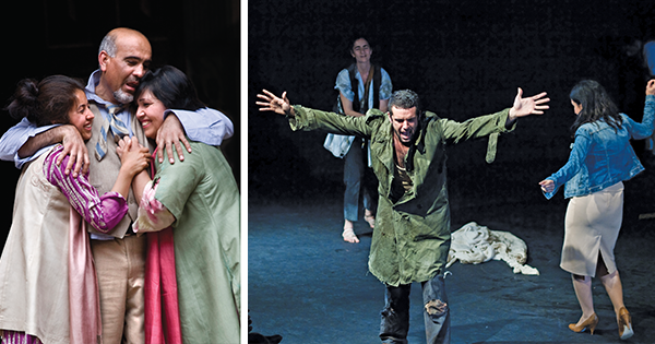 Left, an Afghan troupe in a Dari rendition of  The Comedy of Errors at the Globe Theatre; and right, British actors perform The Tempest in the West Bank. (Top: Apaché/Flickr; bottom: Simon Annand/Shakespeare Globe Trust)