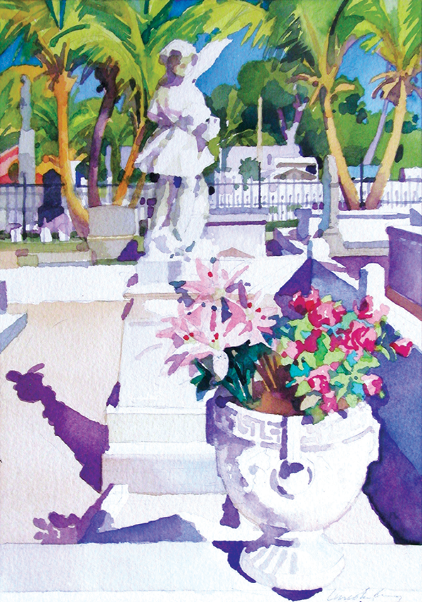 This watercolor, Undying Flowers VI, depicts the Key West Cemetery in the year 2000.