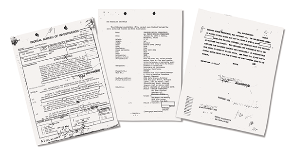 Photocopied pages from the 12 pounds of documents in Ted Streshinsky’s FBI file, released under a Freedom of Information Act request (Courtesy the Streshinsky family)