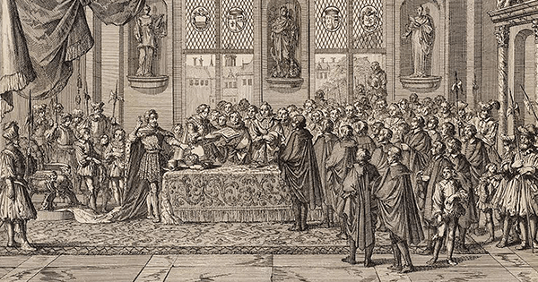 Print by Jan Luyken, circa 1696, depicting the ratification of the Edict of Nantes. Scarry speculates that Henry Constable may be among those in attendance. (Amsterdam Museum)