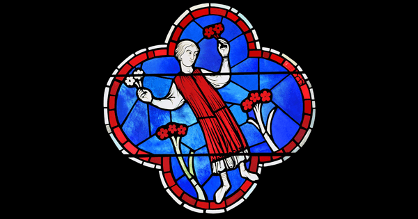Like ancient roses, medieval roses were not pink but red or white, two colors that together constituted a particularly admired chromatic pairing. Here they are associated with spring, the favorite season, in the western rosace, circa 1260, from the Cathédral Notre-Dame in Paris. (Courtesy Princeton University Press)