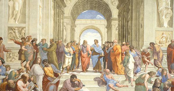 Raphael’s School of Athens; its optics were “used to design more lethal fortresses. Human ingenuity facilitates clever cruelties as well as cathedrals.” (Wikimedia Commons)