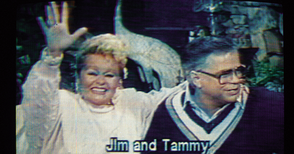 Television evangelists Jim and Tammy Faye Bakker appealing to their viewers for financial support. (Courtesy of Simon & Schuster)