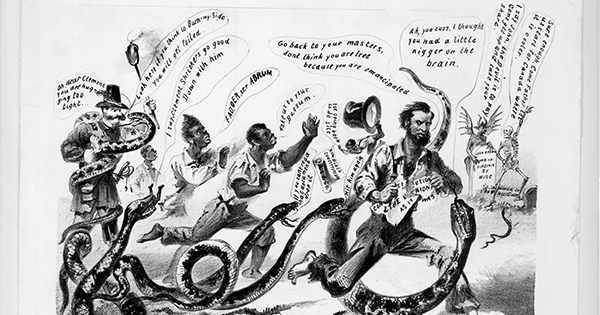 An 1863 cartoon showing Lincoln and his supporters being harassed by Copperheads, or Peace Democrats. (Library of Congress)