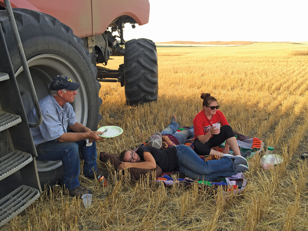 The Dwyer family during the wheat harvest in North Dakota in 2016. (Eli Reichman)