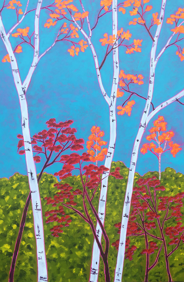 Autumn Birch Trio, acrylic on canvas, 2016, 36 x 24 inches