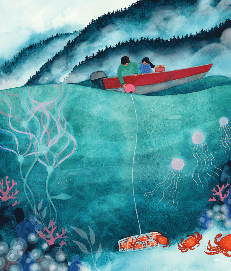 Michaela Goade, art for Let's Go!, watercolor and gouache on paper, 2017 (published by Sealaska Heritage Institute)