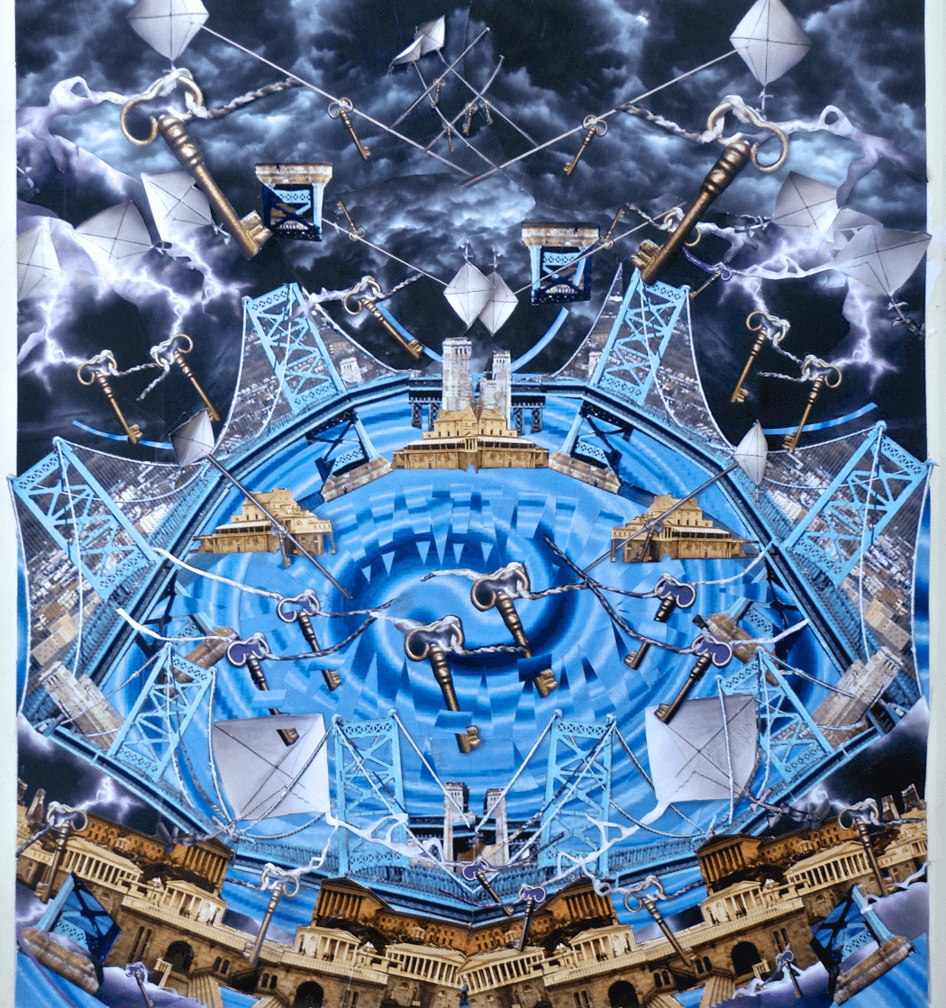 Ben Franklin's Bridge, Kite and Key, collage on paper, 2017, 21 x 23 inches
