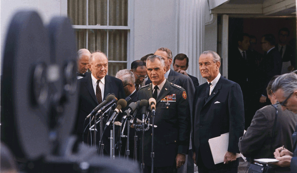 General William Westmoreland holds a press conference with Secretary of State Dean Rusk and President Lyndon B. Johnson on April 7, 1968. (Franke Wolfe/White House Photograph Office/Wikimedia Commons)
