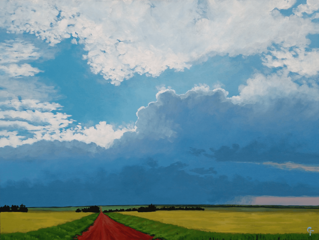 <em>Red Dirt Drive #3</em> (above), 2017, acrylic on canvas, 36 x 48 inches; <em>Drummond Sunset #2</em> (below), 2017, acrylic on canvas, 36 x 36 inches