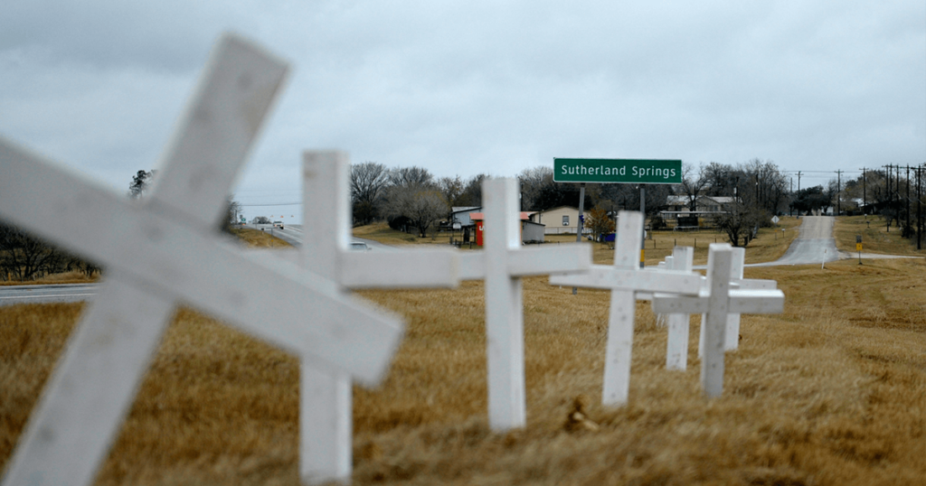 Twenty-six white crosses stand near the Sutherland Springs town sign on Highway 87 (all photographs courtesy of the author)