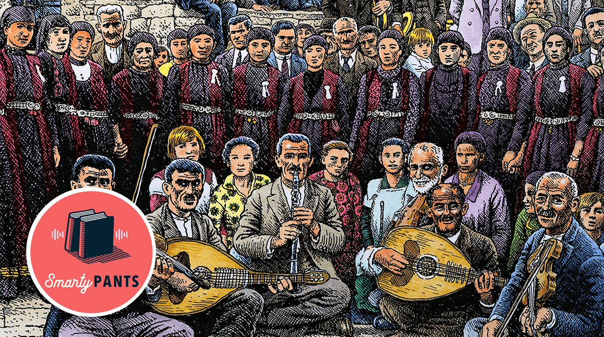 Detail of an R. Crumb illustration of a panegyri in Epirus: the musicians are seated in front, the row of dancers stands behind them dressed in purple and red, and the village gathers in the back