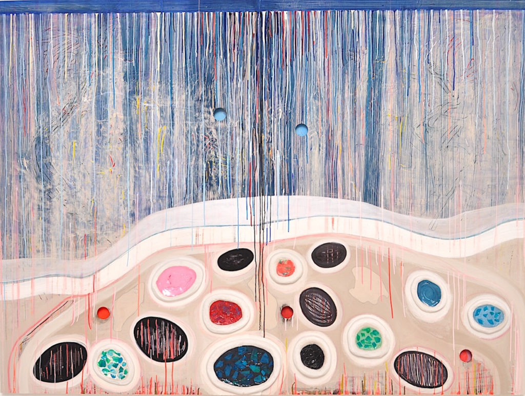 <em>Big Rock Candy Mountain</em>, 2018, diatomaceous earth, gesso, Flashe paint, acrylic, PVA, marker, Styrofoam on wood panel, 72 x 96 inches.