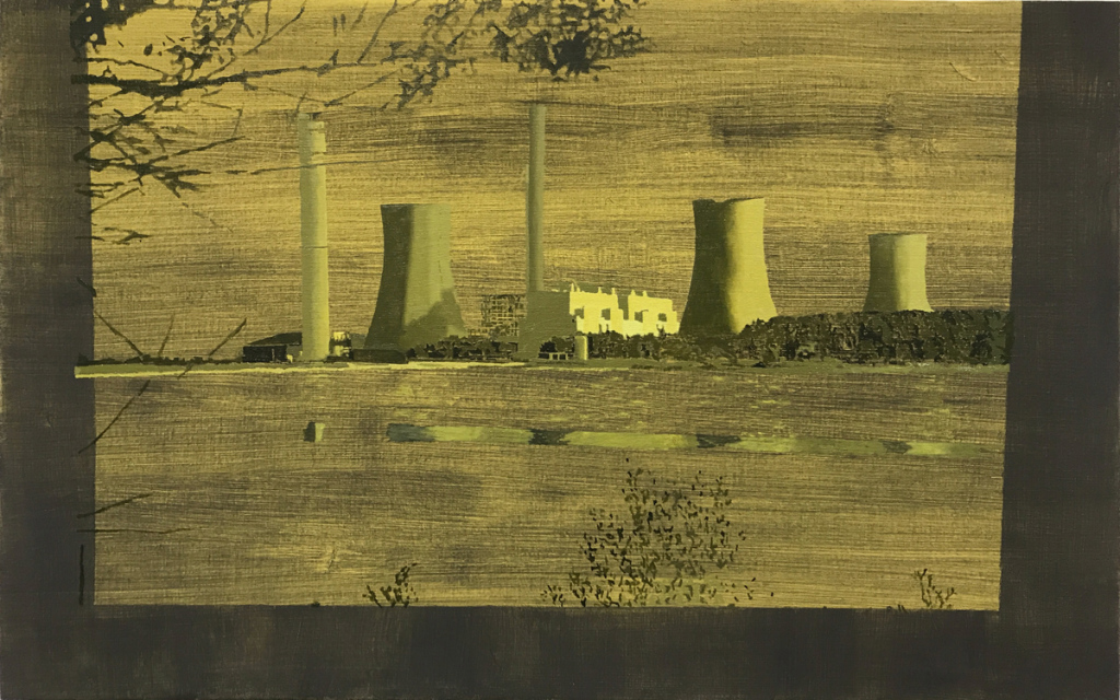 <em>Robert W. Sherer Power Plant, Juliette, Georgia</em>, 2017, oil, acrylic, and ash on linen, 30 x 48 inches