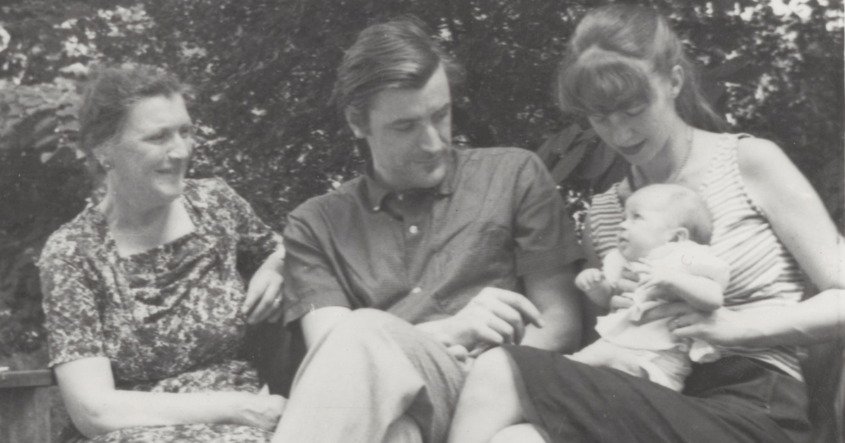 Ted Hughes and Sylvia Plath, holding their two-month-old daughter, Frieda, in London in June 1960. His mother, Edith, is at left. (Copyright Estate of Hilda Farrar, Courtesy of Stuart A. Rose Manuscript, Archives, and Rare Book Library, Emory University)