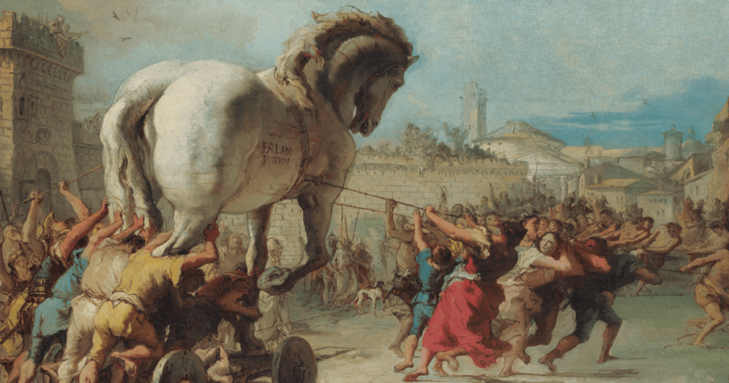 Giovanni Domenico Tiepolo, <em>The Procession of the Trojan Horse Into Troy</em>, c. 1760 (Wikimedia Commons)