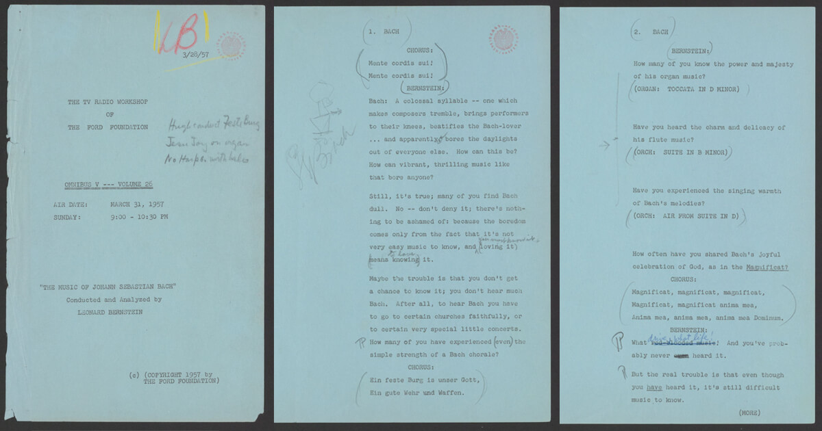 The first three pages of the TV script for the Omnibus episode on “The Music of Johann Sebastian Bach” (Library of Congress)
