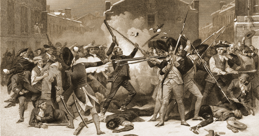 The Boston Massacre, in which five people were shot at the city's Custom House, as imagined by the New York artist Alonzo Chappel in the 1850s. (Wikimedia Commons)