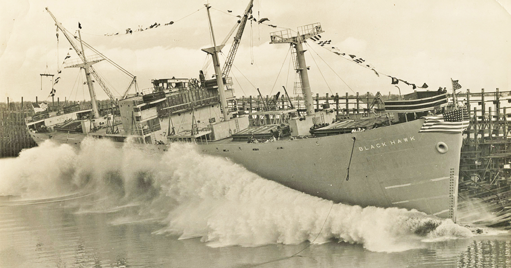 Built in 41 days, the SS <em>Black Hawk</em> was launched in New Orleans in January 1943. She, like the <em>Cormorant</em>, was part of the U.S. fleet of Liberty Ships. (The National WWII Museum/Gift of Earl and Elaine Buras)