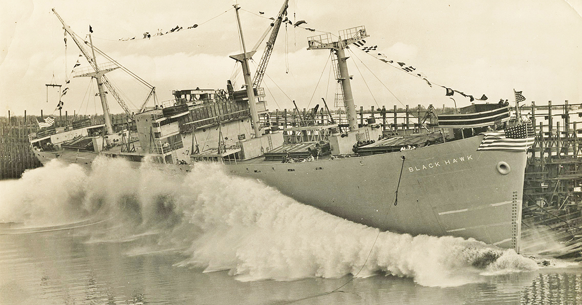 Built in 41 days, the SS Black Hawk was launched in New Orleans in January 1943. She, like the Cormorant, was part of the U.S. fleet of Liberty Ships. (The National WWII Museum/Gift of Earl and Elaine Buras)