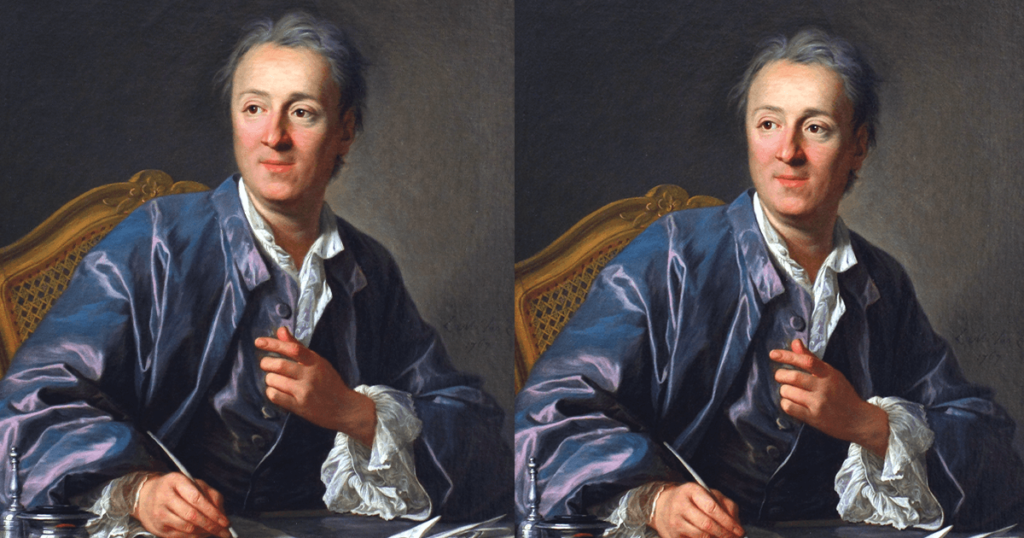 Denis Diderot, depicted here in a 1767 portrait by the French painter Louis-Michel van Loo, wrote 7,000 of the 74,000 articles in the <em>Encyclopédie</em>