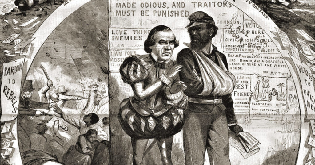 Thomas Nast's September 1866 political cartoon shows President Andrew Johnson as Iago, who betrays Othello, depicted as a black veteran of the Civil War. (Library of Congress)