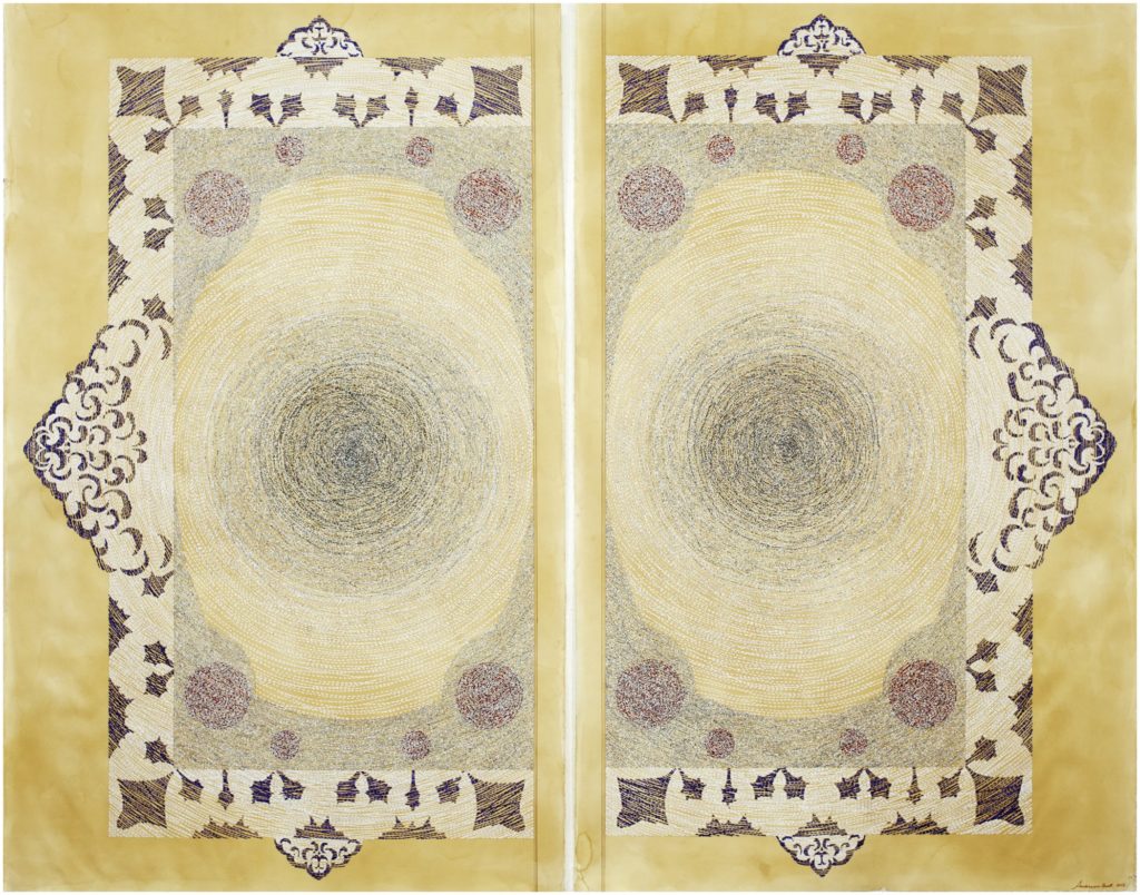 <em>Pages of Deception</em>, 2012, Diptych drawing with torn and collaged text, 70 1/2 x 45 inches each. Courtesy of the artist. Photo by Tony Luong.