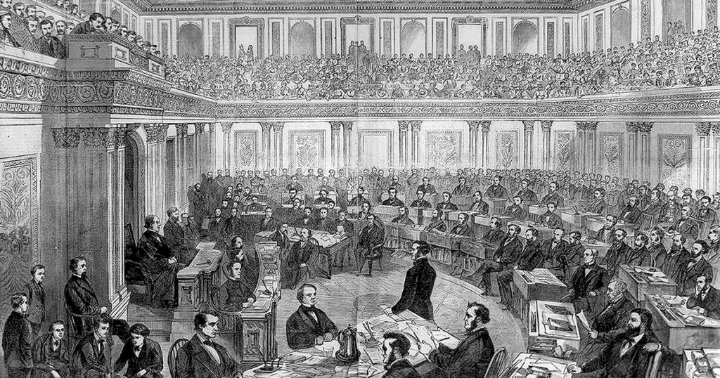 The impeachment trial of Andrew Johnson in the U.S. Senate, from an April 11, 1868, <em>Harper's Weekly</em> engraving of a sketch by Theodore R. Davis (Alamy)