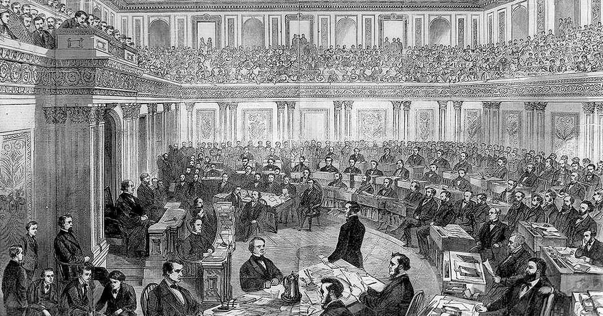 The impeachment trial of Andrew Johnson in the U.S. Senate, from an April 11, 1868, Harper's Weekly engraving of a sketch by Theodore R. Davis (Alamy)