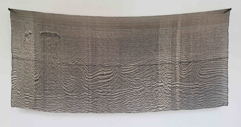 <em>Deep-Sea Oil Prospects, Northern Gulf of Mexico</em>, 2014, Surplus polyolefin from Amoco Chemical Corp, cotton, steel, 10 x 4.5 feet. 