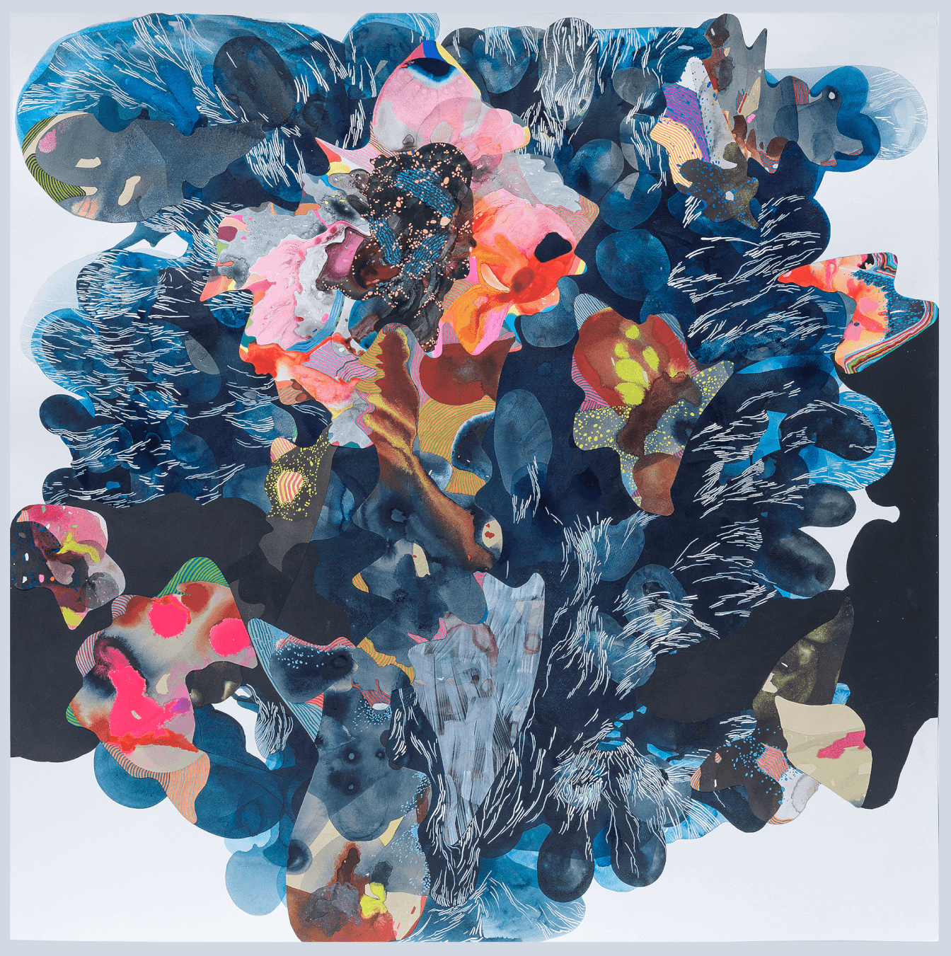 Blue Sea, 2017, 48 x 48 inches, ink and collage on paper.