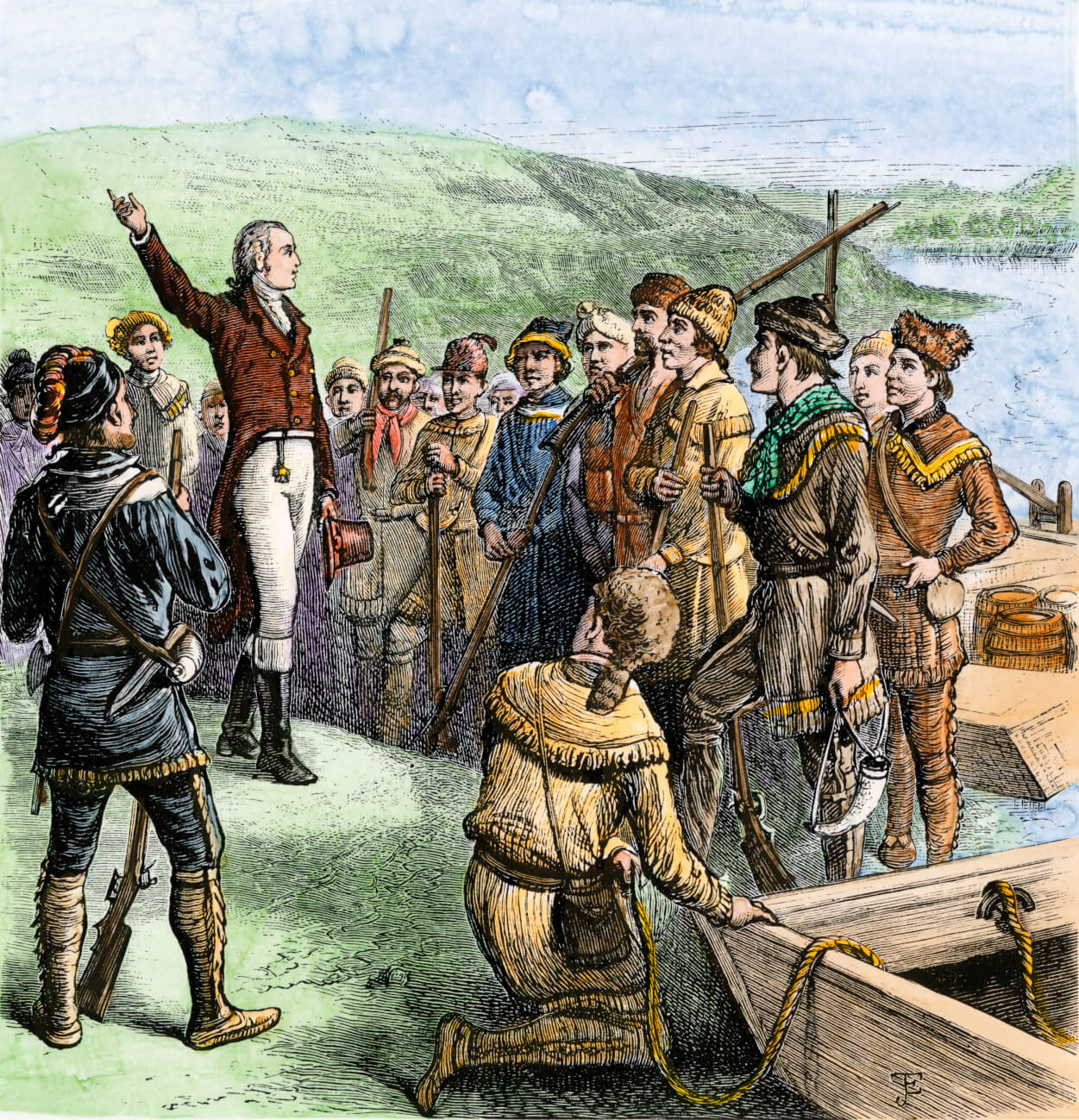 A man in 18th-century clothes addresses a crowd on the bank of a river