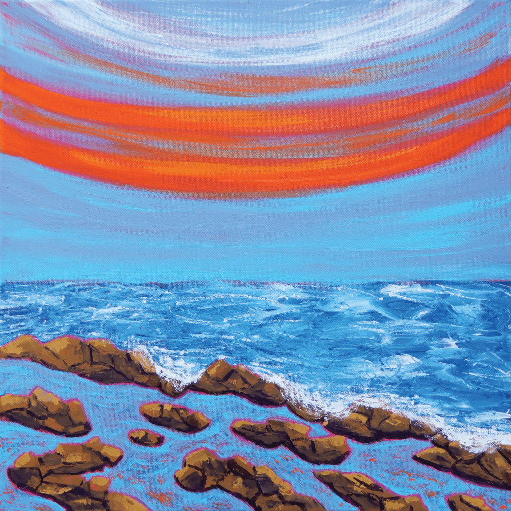 <em>Tidal Pools at Sunset</em>, acrylic on canvas, 16" × 16" 