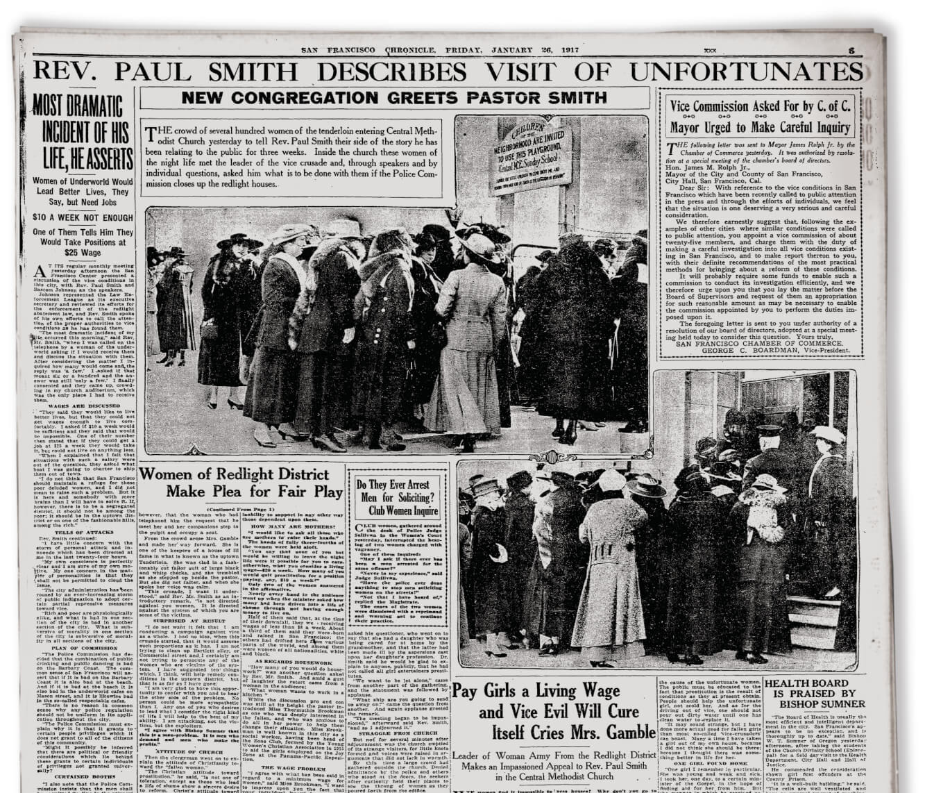 Reproduction of a 1917 newspaper page. The headlines read: PAY GIRLS A LIVING WAGE AND VICE EVIL WILL CURE ITSELF CRIES MRS. GAMBLE, DO THEY EVER ARREST MEN FOR SOLICITING? CLUB WOMEN INQUIRE; WOMEN OF RED LIGHT DISTRICT MAKE PLEA FOR FAIR PLAY