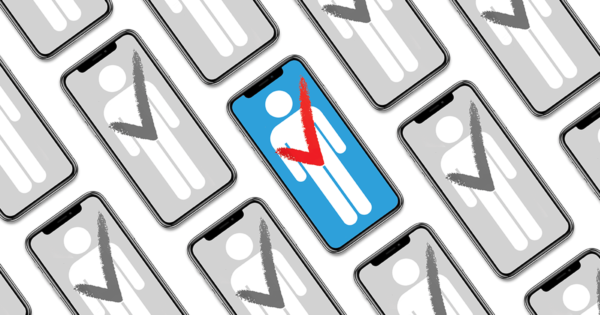 An illustration of tiled smartphones showing a simplified person graphic and a giant red checkmark