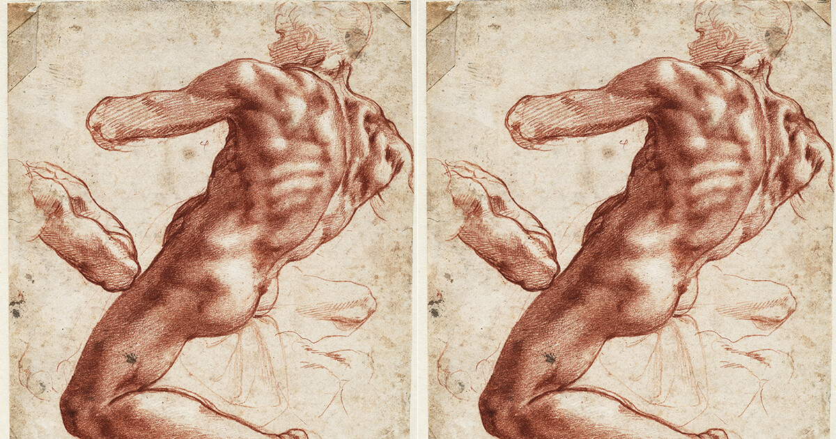 This figure, drawn with red chalk and highlighted with white lead, would later appear on the ceiling of the Sistine Chapel. (Teylers Museum, Haarlem)