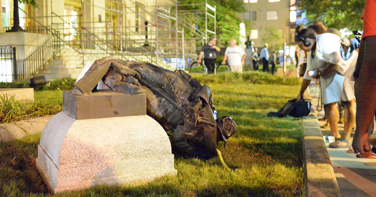 The silent sentinel statue depicting a nameless enlisted Confederate solider, was toppled from its plinth two years ago by a coalition of protesters. (Alamy)
